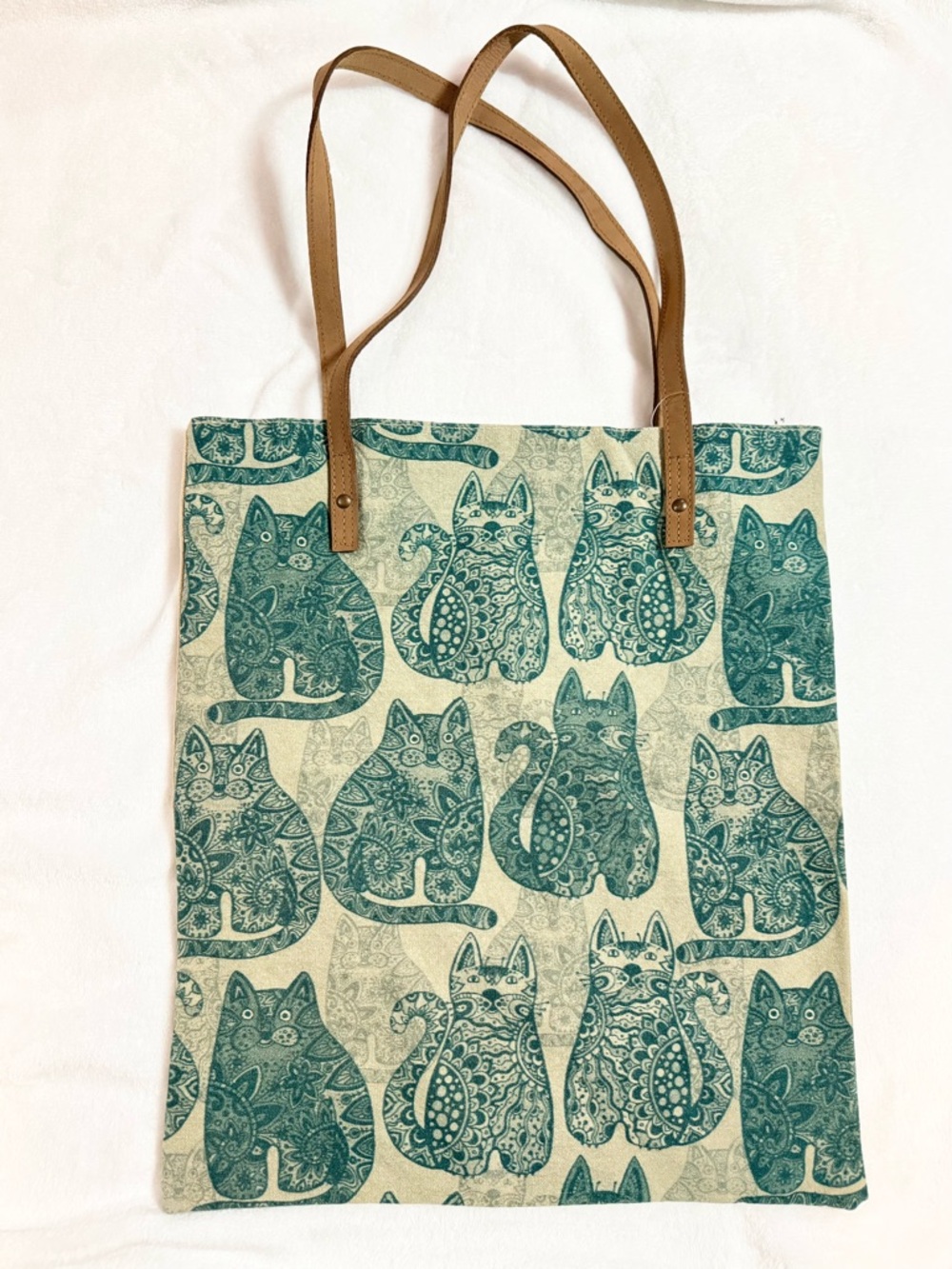 Cott'n Curls Teal Paisley Cat Print Canvas Tote with Brown Leather Straps